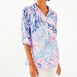 Lilly Pulitzer tunic top blue pink gold button S